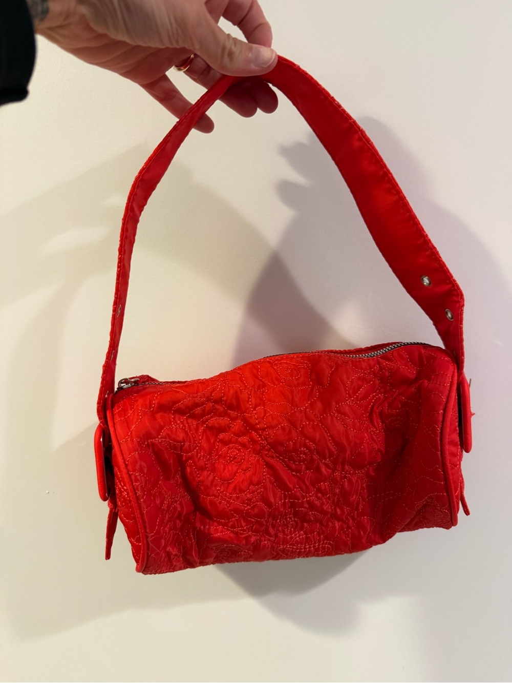 Quilted Red Shoulder Bag with Top Zip
